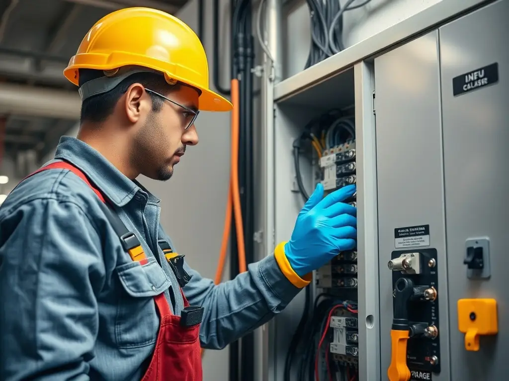 A technician performing maintenance on an electrical system in a commercial building, with tools and safety equipment visible.