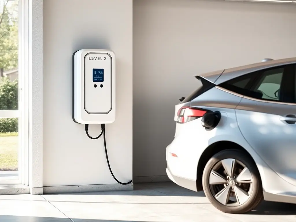 A photo of a modern electric vehicle charging station installed by Voltix Elektrotechniek in a residential garage, showcasing a clean and efficient setup.