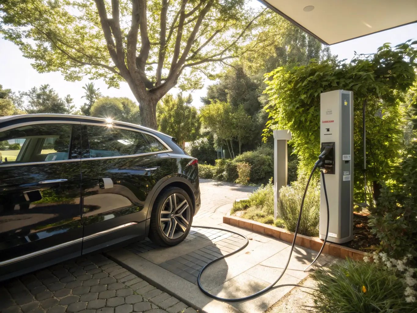 An electric vehicle charging station installed at a home, with a car plugged in and charging.