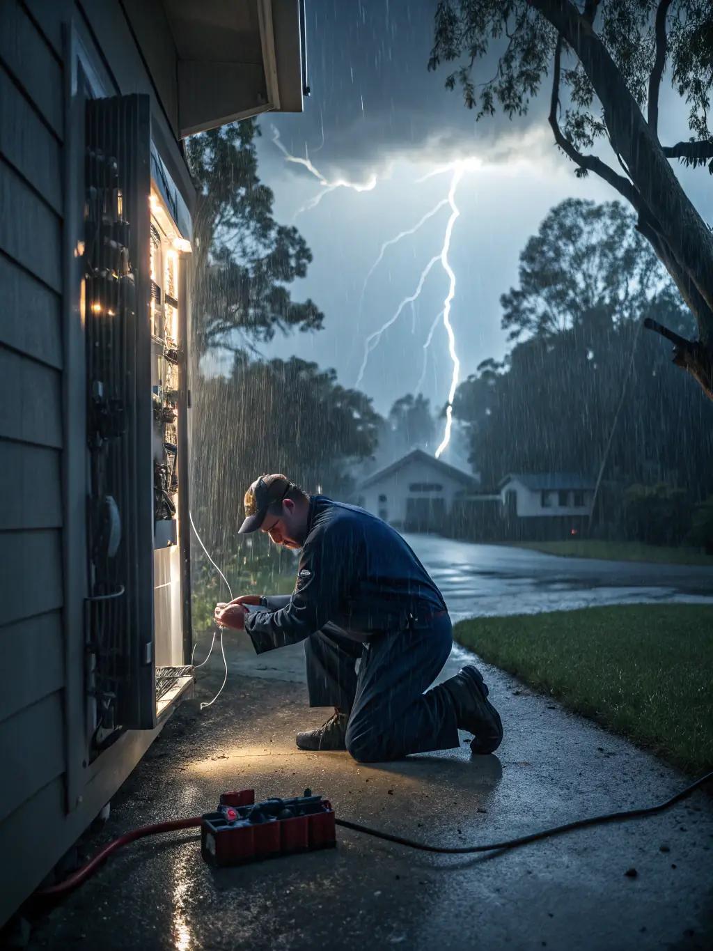 A technician fixing a power outage in a residential home during night time, emphasizing the emergency electrical repairs service offered by Voltix.