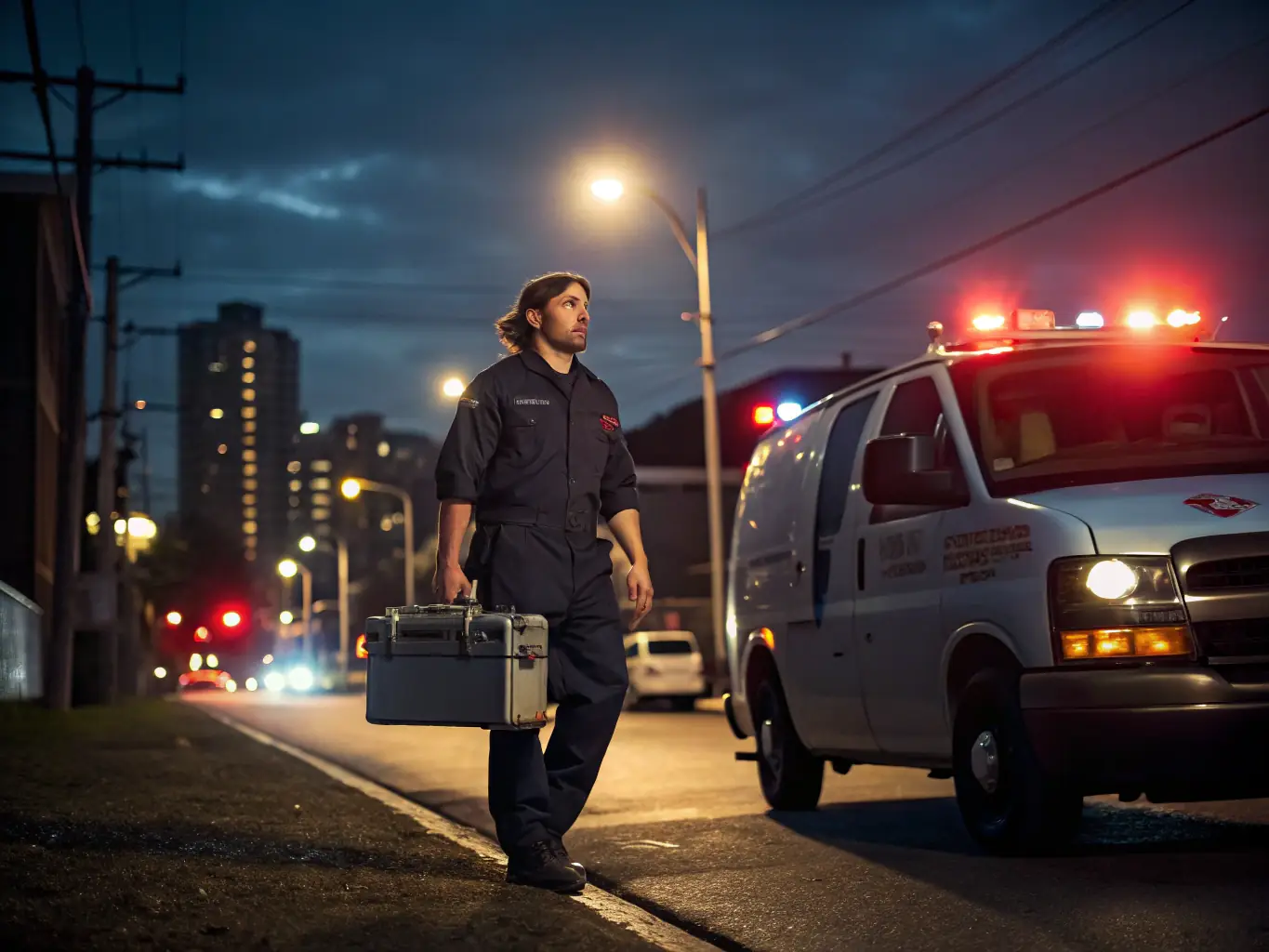 A photo of an electrician in a Voltix Elektrotechniek uniform responding to an emergency call at night, with a focus on professionalism and quick response.