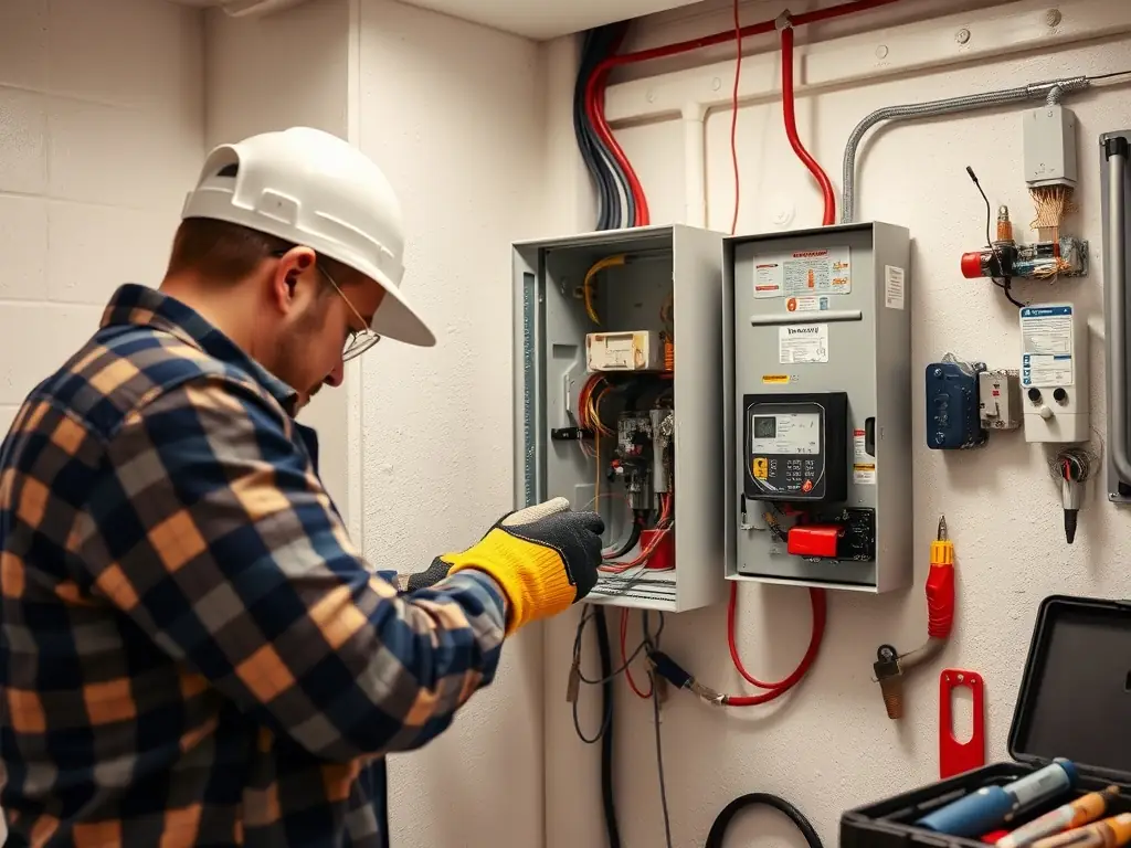 A photo of a Voltix Elektrotechniek electrician carefully installing a new meter box in a modern home, emphasizing precision and safety.